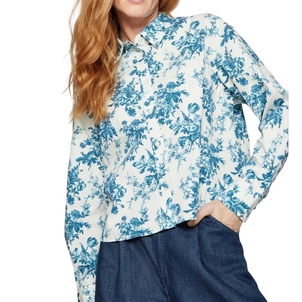 Gap x LoveShackFancy Women's Floral Button Down Cropped Shirt Blue White Size L